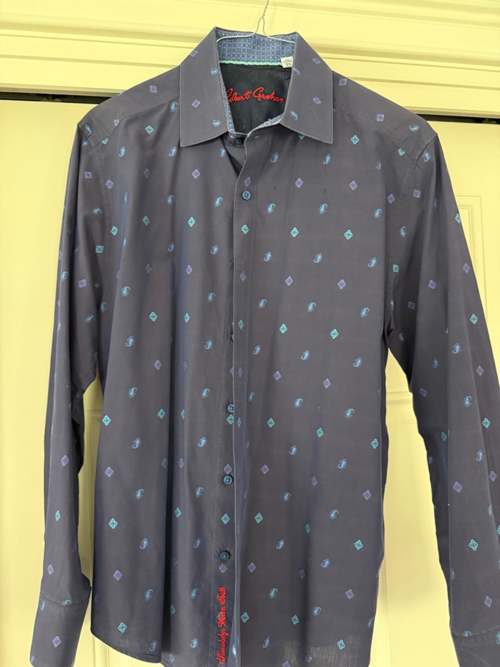 Robert Graham Charcoal Button-Up Shirt with Teal & Lavender Motifs XL
